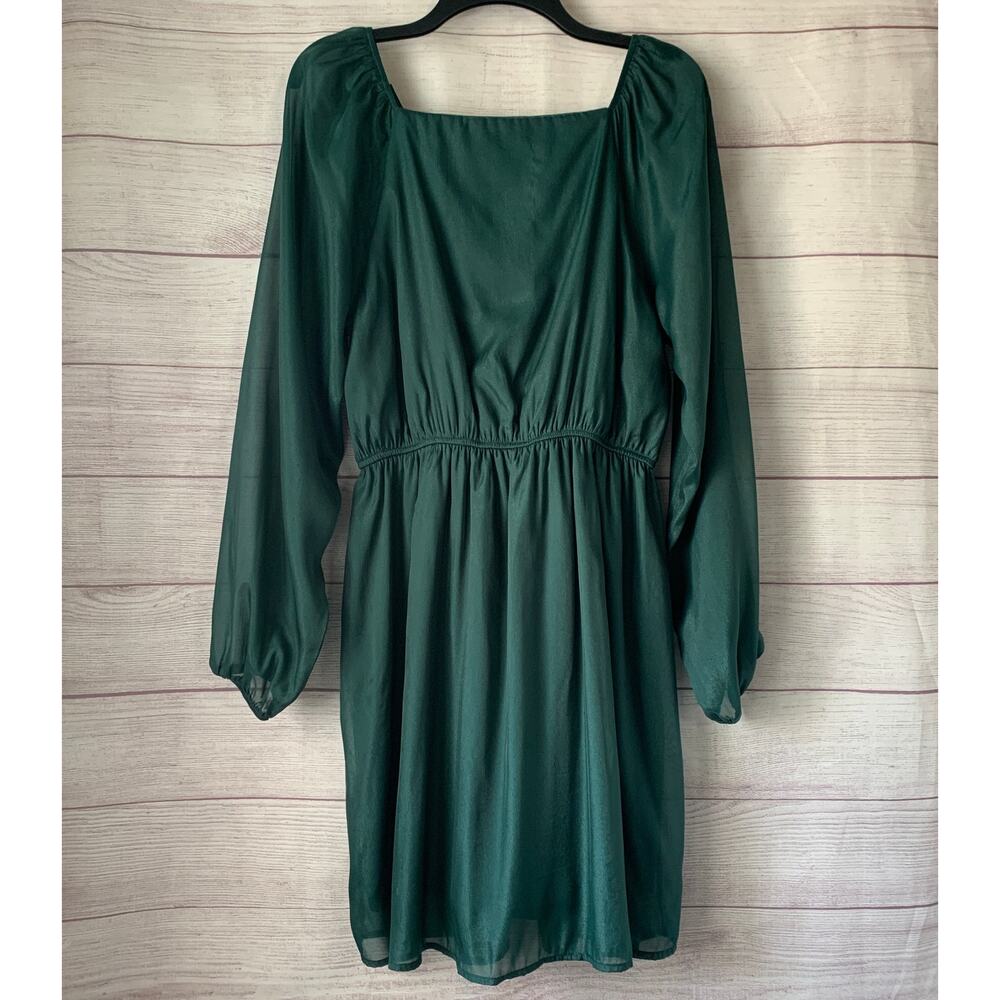 Andree by Unit Shimmery Forest Green Dress Sheer Long Sleeves Ruffle Size L - Picture 6 of 16